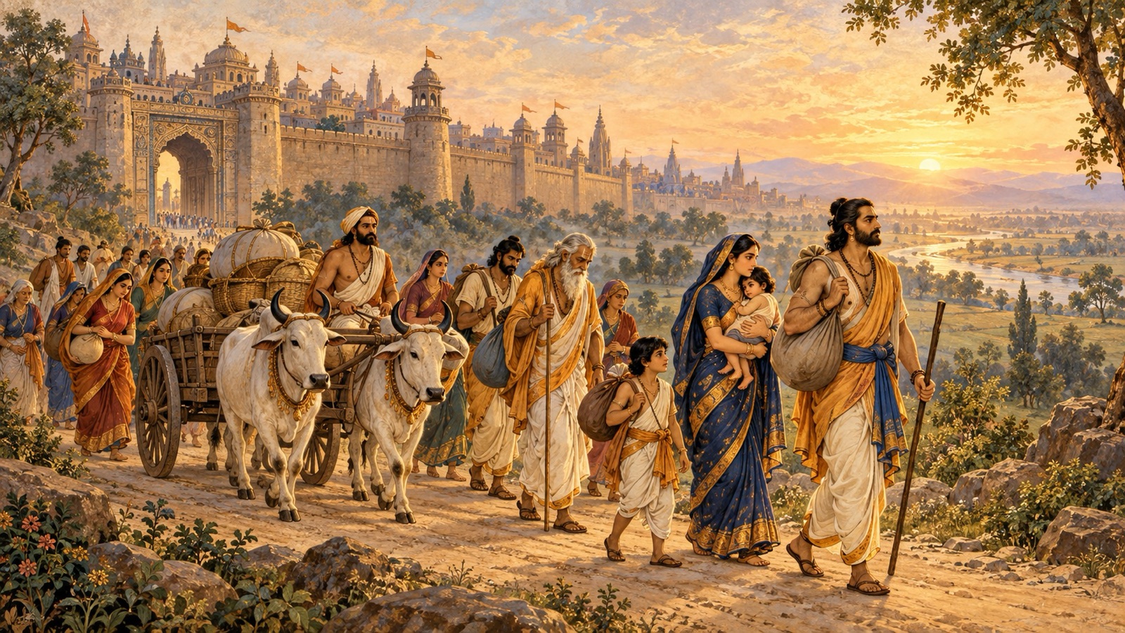 The Yadu families leaving Mathura to take shelter in neighbouring kingdoms under Kamsa's persecution