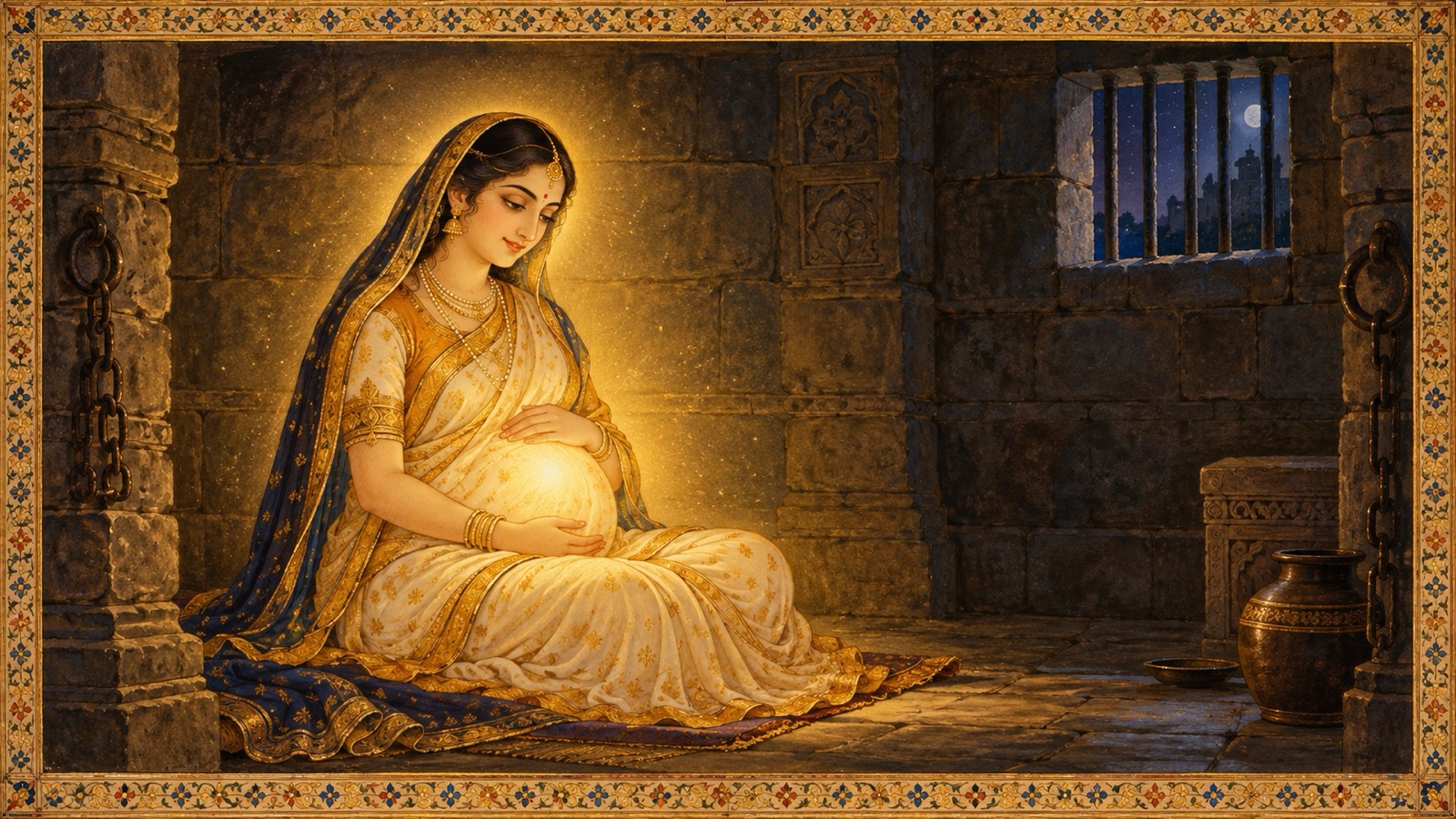 Devaki shining with an unearthly radiance within Kamsa's prison after the Lord enters her womb