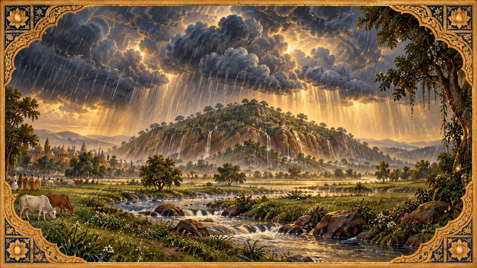 Dense monsoon clouds thundering over Govardhana hill as rain pours down upon the pastures of Vraja