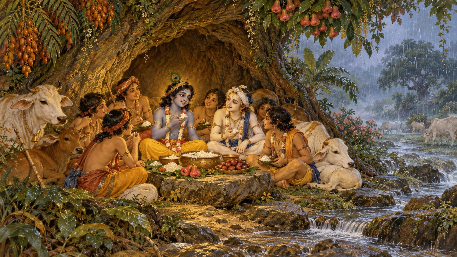 Krishna and Balarama sheltering the cows and cowherd boys in a forest cave during the Vrindavana rains