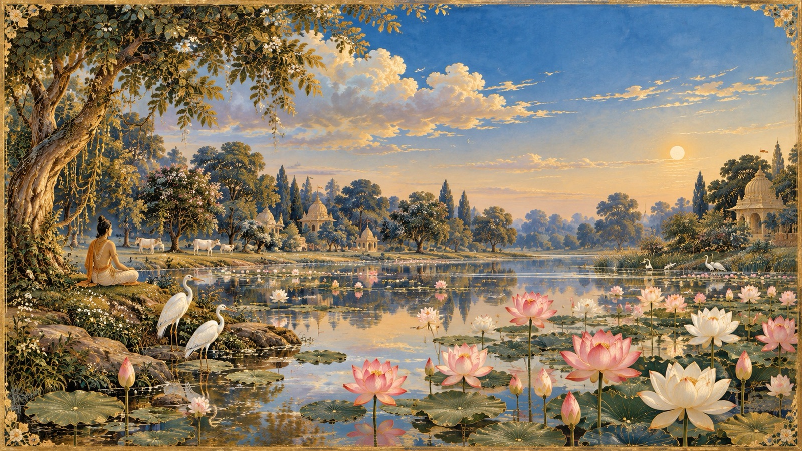 Clear autumn waters covered in blooming lotuses beside Vrindavana as the monsoon clouds depart