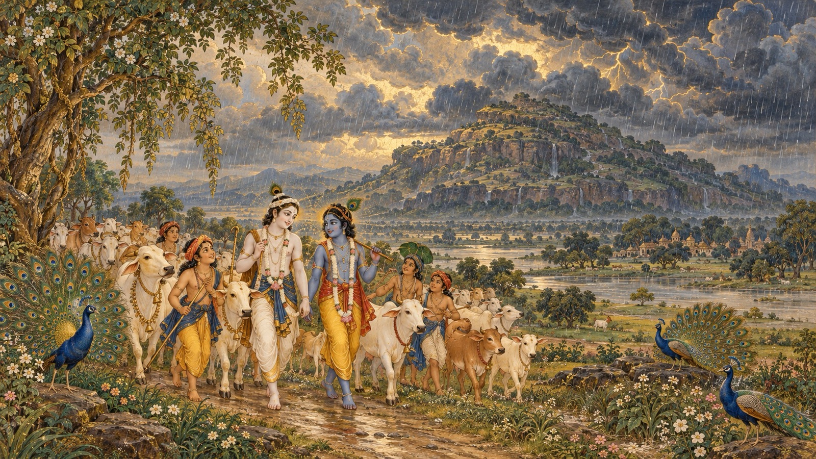 Krishna and Balarama walking with the herds of Vraja beneath monsoon clouds massed over Govardhana hill