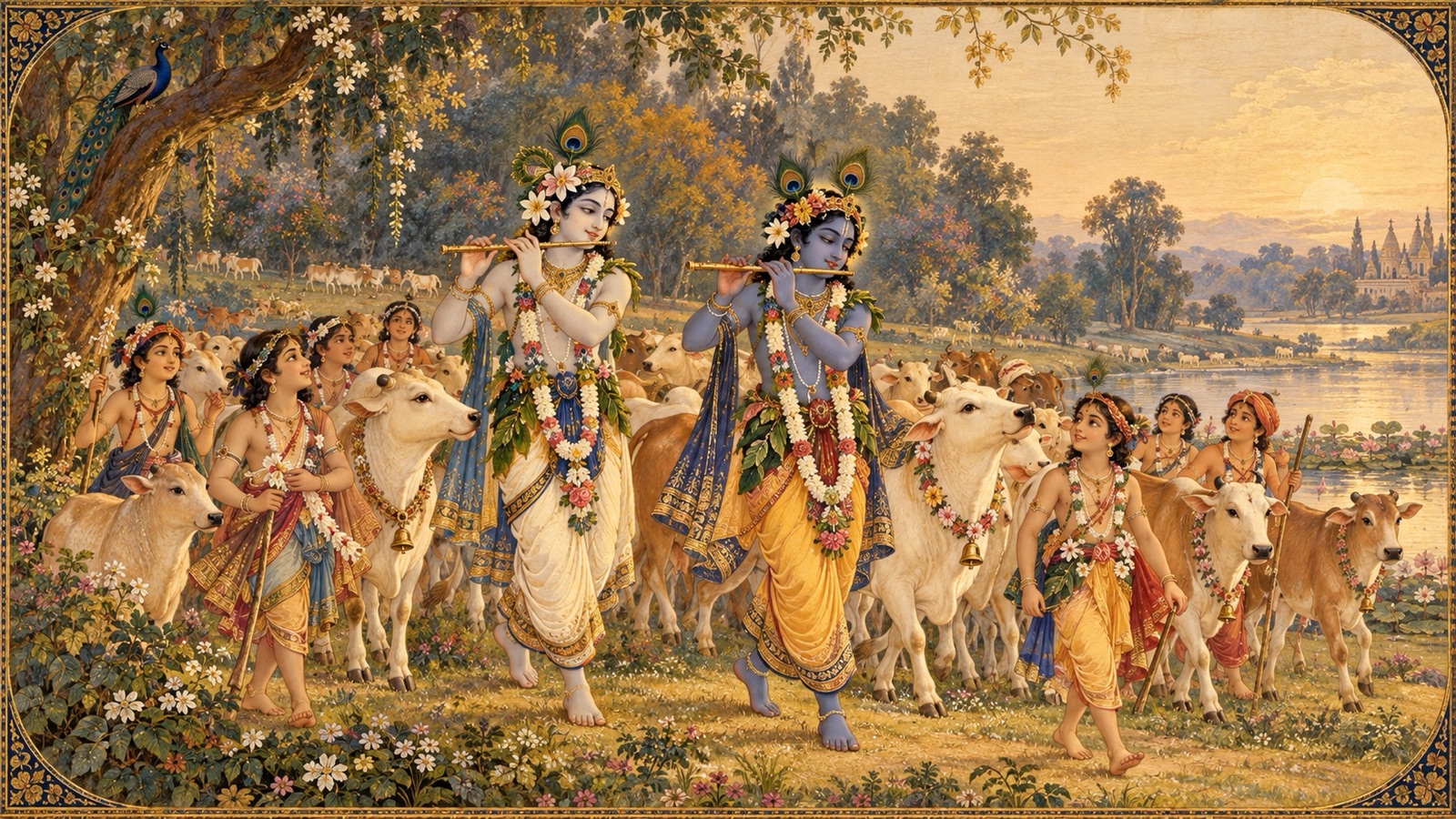 मयूर-पंखों और वन-मालाओं से सज्जित कृष्ण और बलराम, ग्वाल-बालकों के बीच गौएँ ले जाते हुए वंशी बजाते हैं
