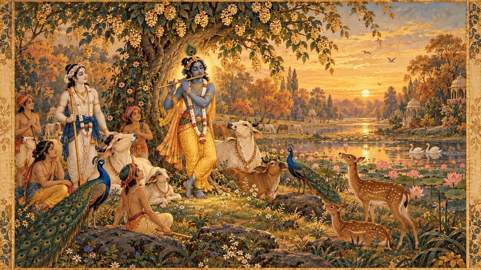वृन्दावन के शरद-वन में कदम्ब वृक्ष के नीचे वंशी बजाते कृष्ण, मुग्ध गौओं, मृगों और मयूरों के बीच