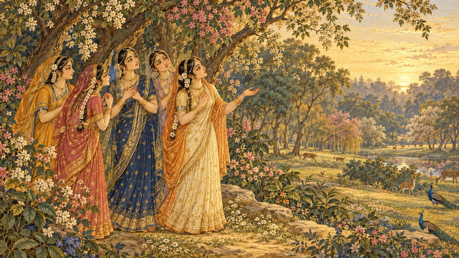 Gopis gathered among the trees of Vraja, listening with longing to the distant sound of Krishna's flute