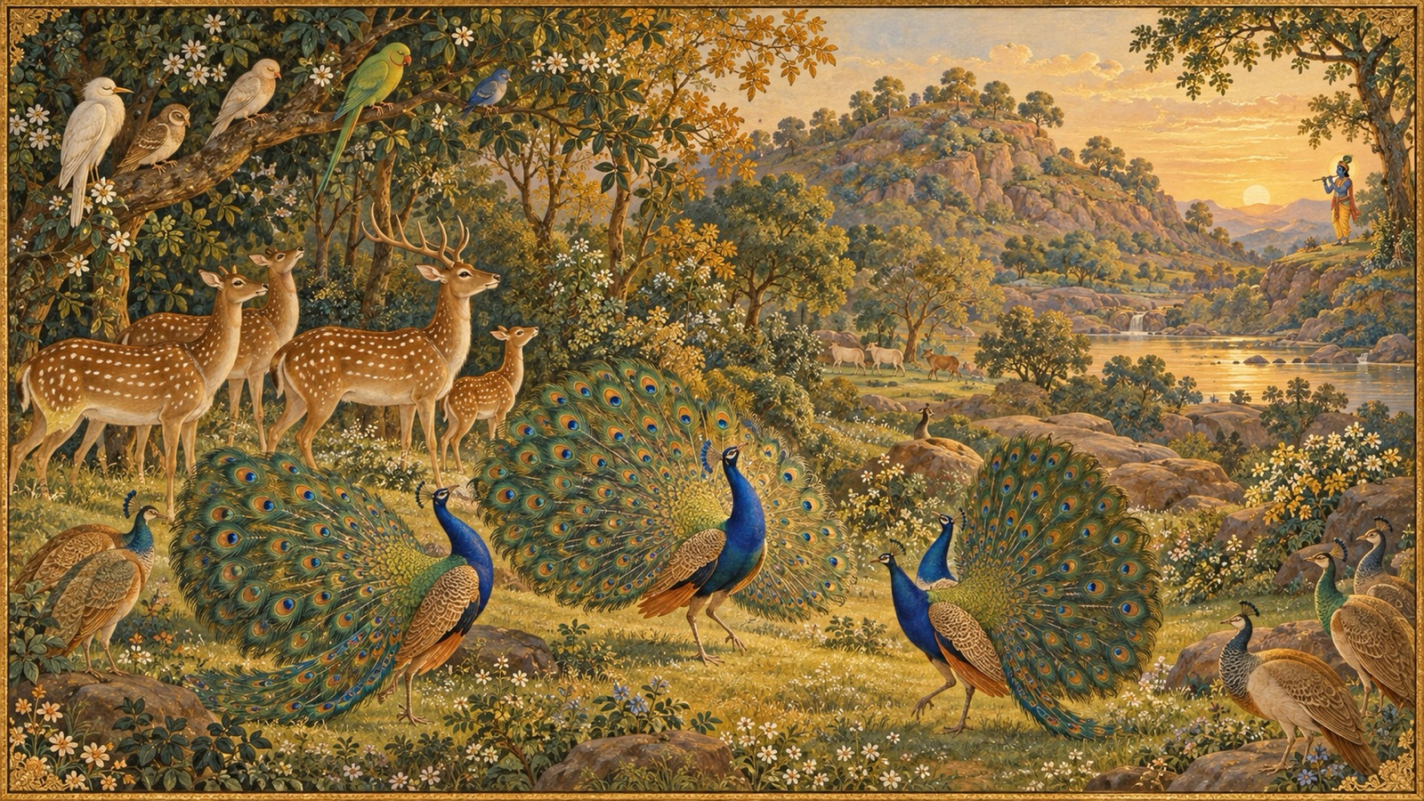 Peacocks dancing in rapture on the slopes of Govardhana while deer and other creatures stand motionless, enchanted by Krishna's flute