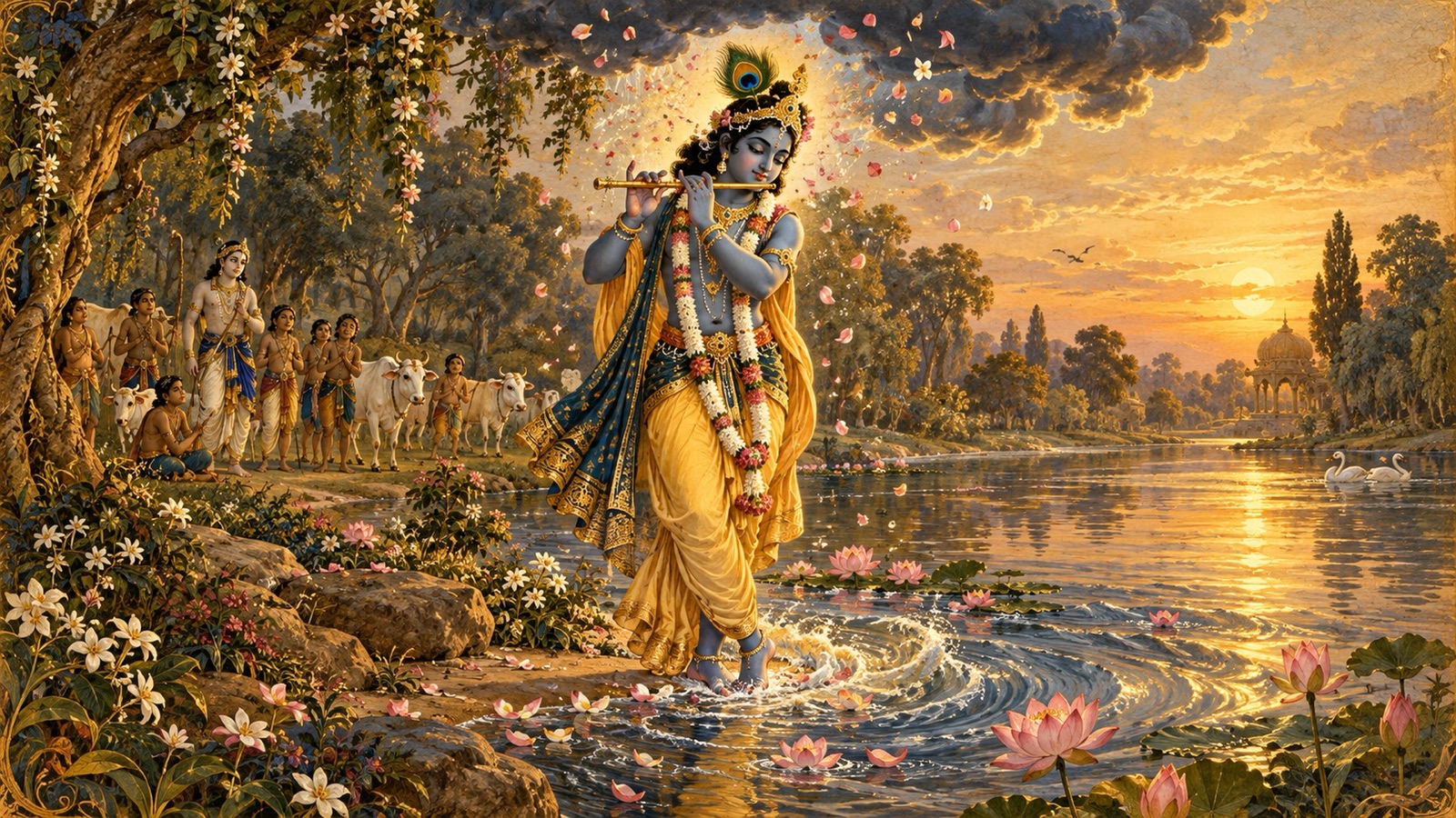 The waves of the Yamuna curling around Krishna's feet like an embrace while a cloud shelters Him overhead as He plays the flute