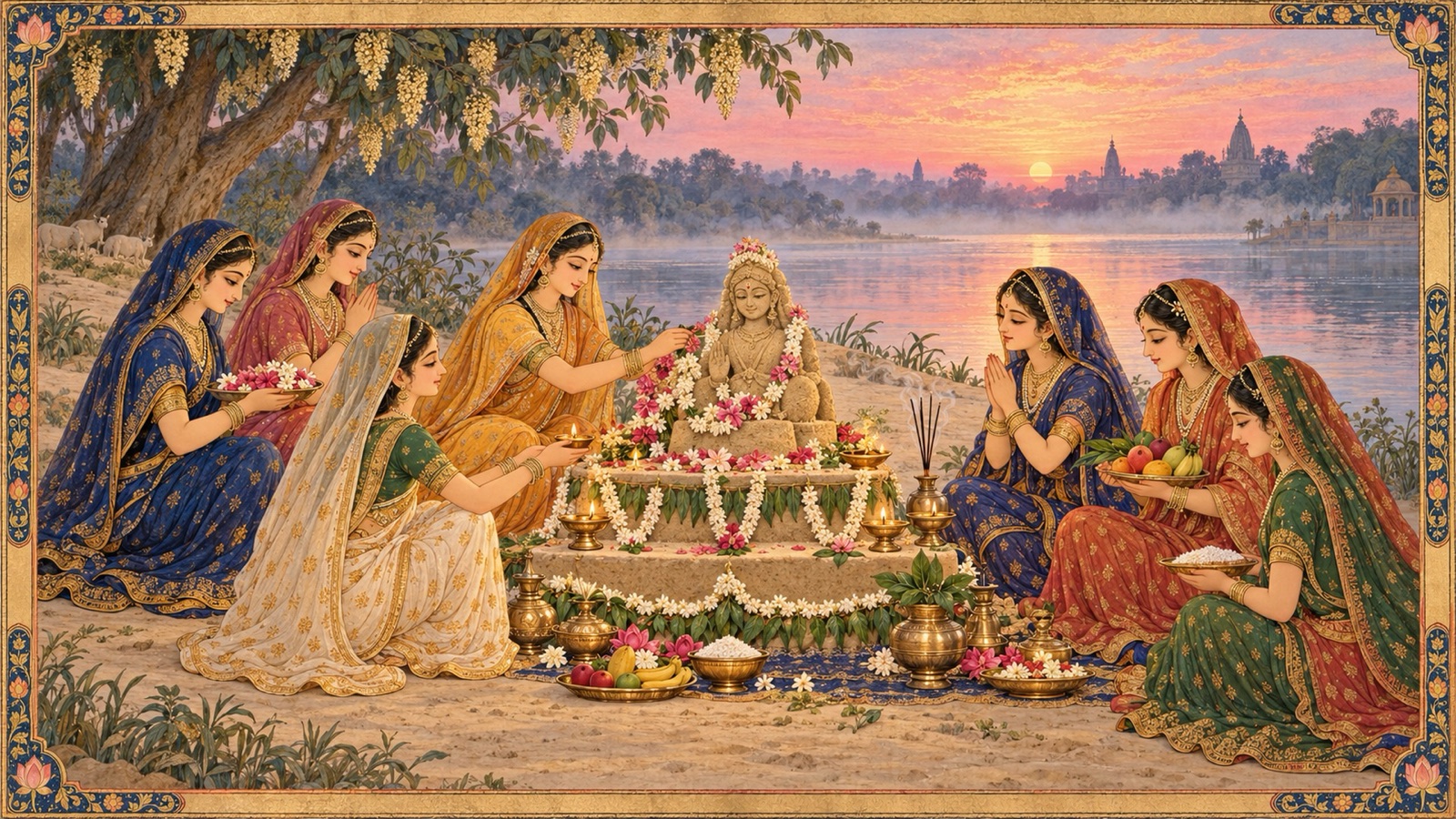 The maidens of Vraja worshipping a sand image of Goddess Katyayani at dawn on the Yamuna bank with flowers, lamps and incense