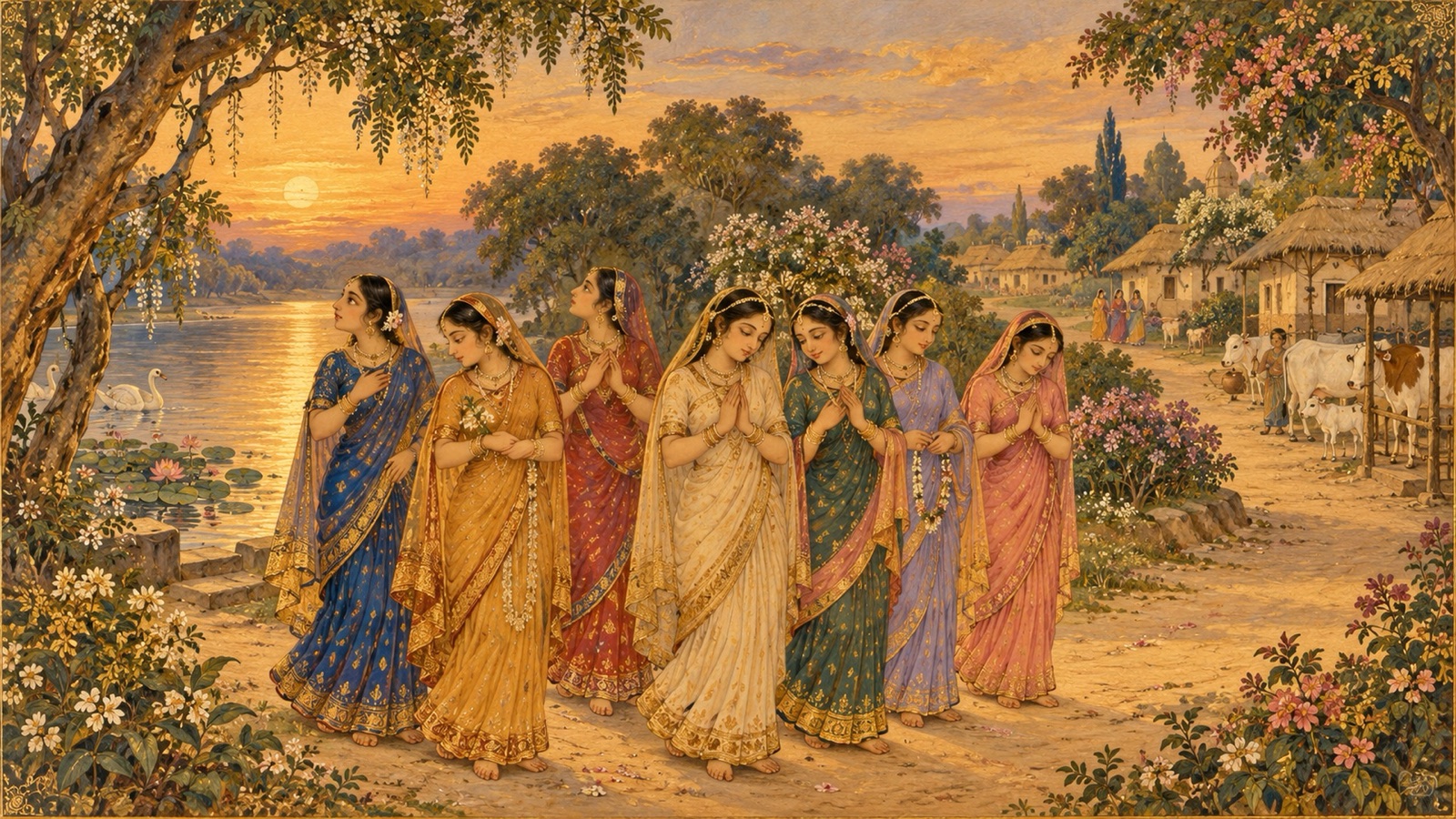 The gopis walking back toward Vraja at dusk with folded hands, their minds absorbed in Krishna's lotus feet