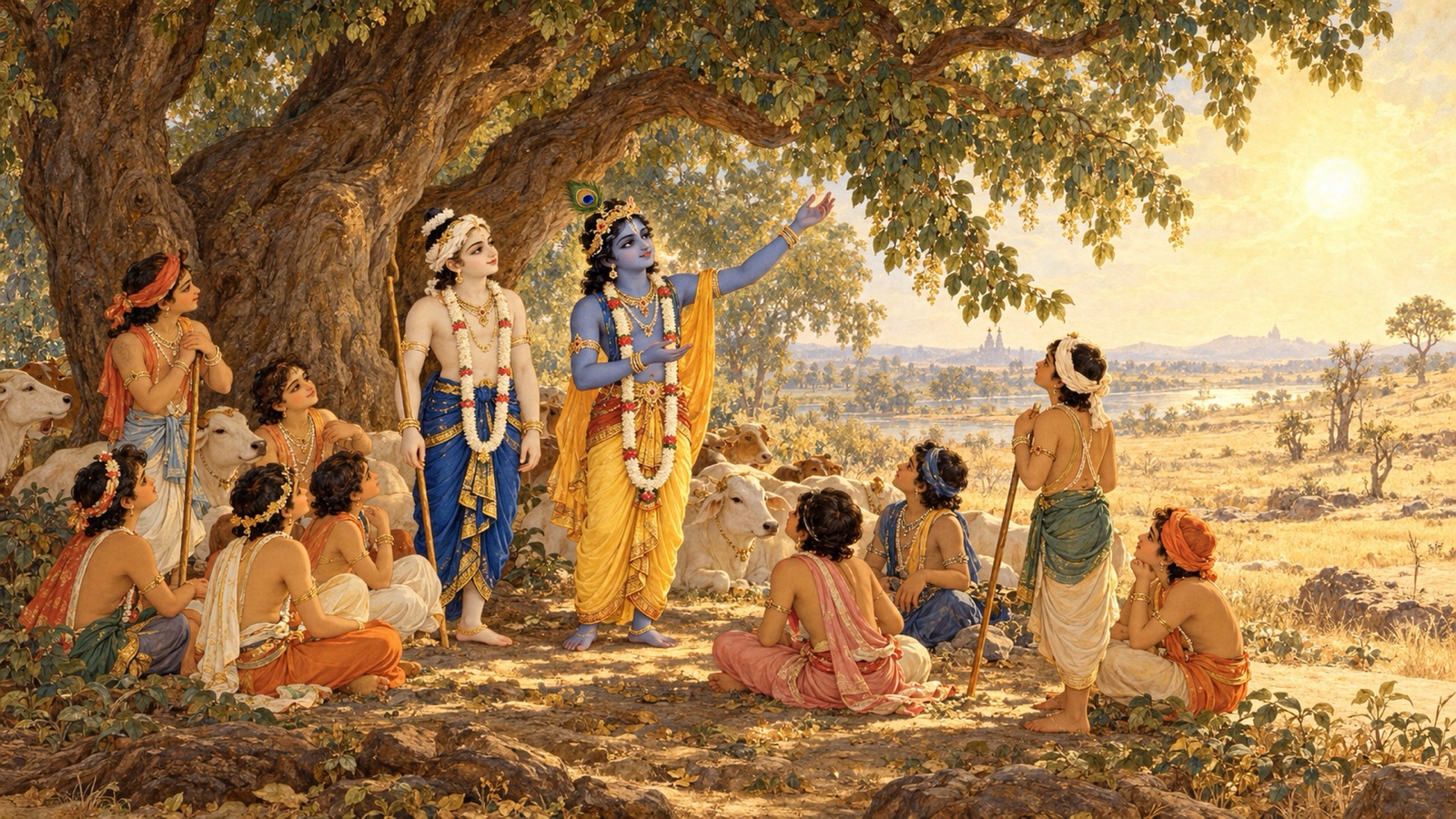 Krishna and Balarama with the cowherd boys resting beneath great shade trees in the summer sun as Krishna points to the branches