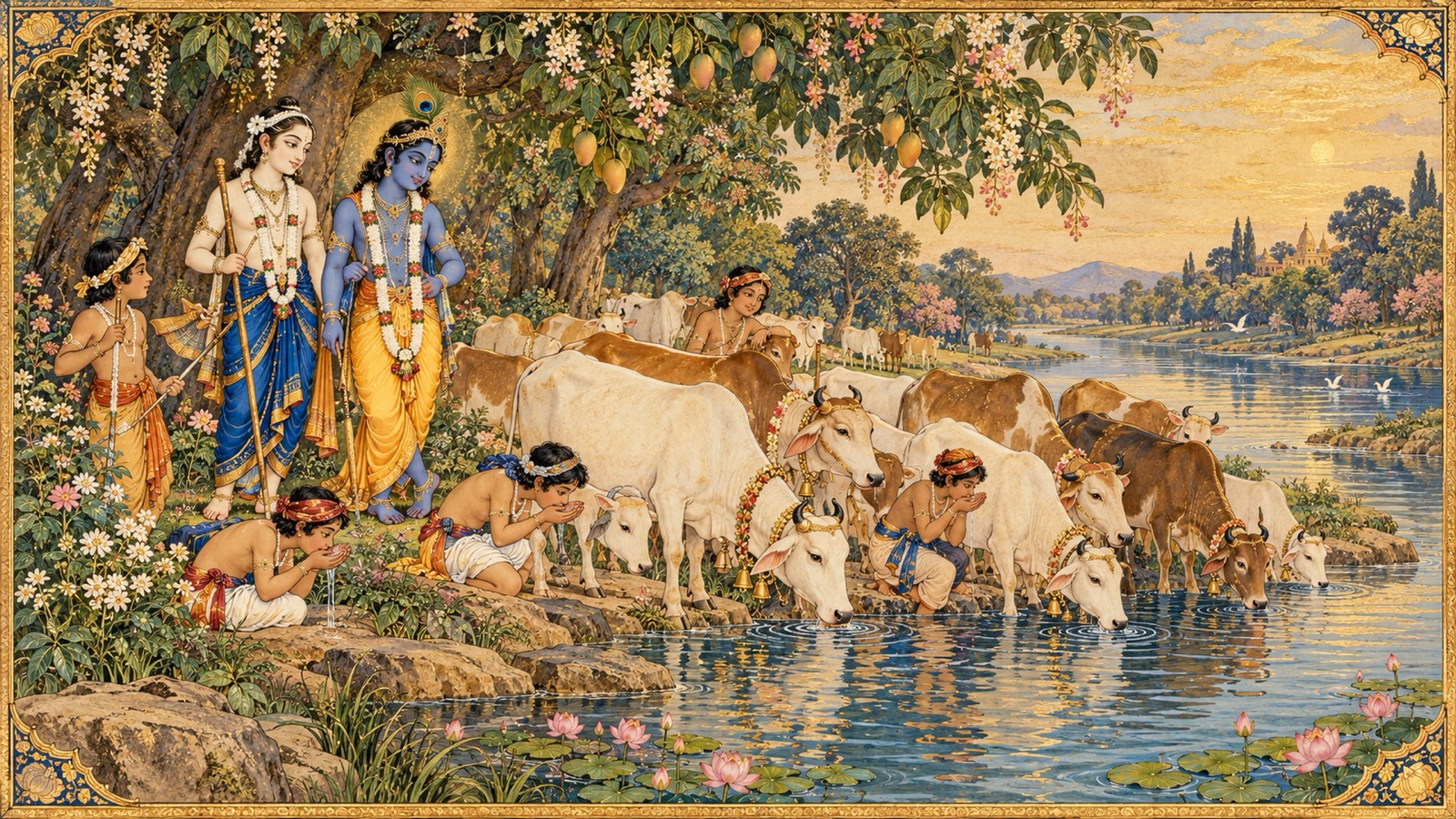 Cows drinking from the Yamuna beside flowering trees while Krishna, Balarama and the cowherd boys stand on the bank
