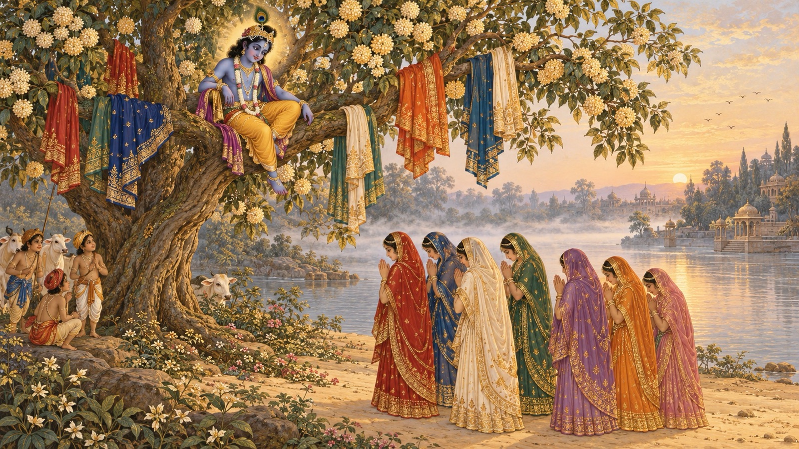 Krishna seated in a kadamba tree with the gopis' garments draped over its branches while the maidens of Vraja stand on the Yamuna bank with folded hands