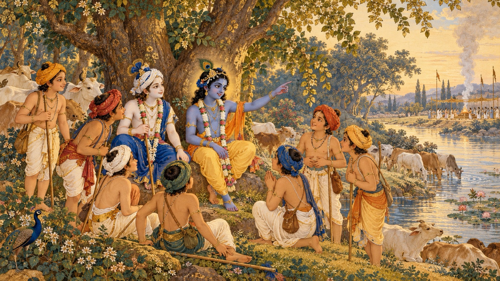 यमुना-तट पर वृक्षों के नीचे कृष्ण और बलराम के सामने भोजन माँगते भूखे ग्वालबाल
