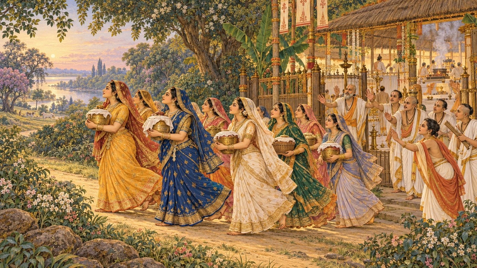 ढके हुए भोजन-पात्र लेकर यज्ञशाला से निकलती ब्राह्मण-पत्नियाँ, जिन्हें उनके स्वजन रोकने का प्रयत्न करते हैं