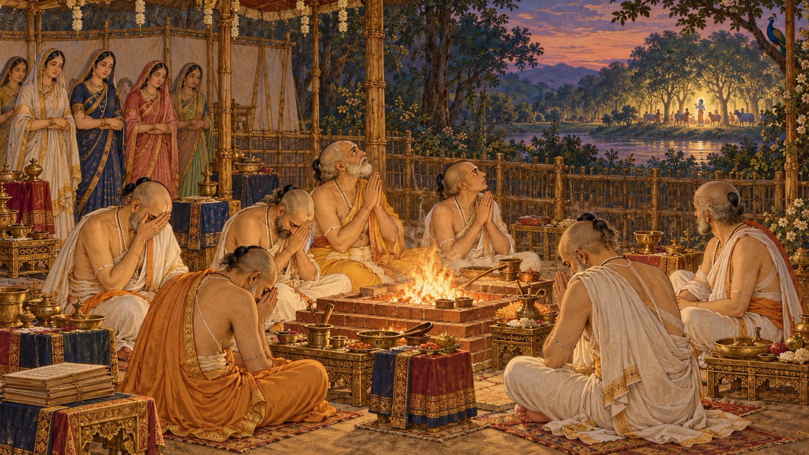 अपनी यज्ञाग्नि के चारों ओर सिर झुकाए और हाथ जोड़े बैठे पश्चात्ताप करते ब्राह्मण