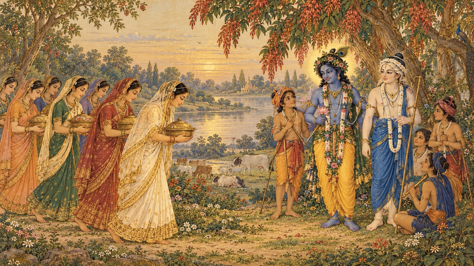 यमुना-तट के अशोक-उपवन में कृष्ण और बलराम के सामने भोजन के पात्र लेकर पहुँचती ब्राह्मण-पत्नियाँ