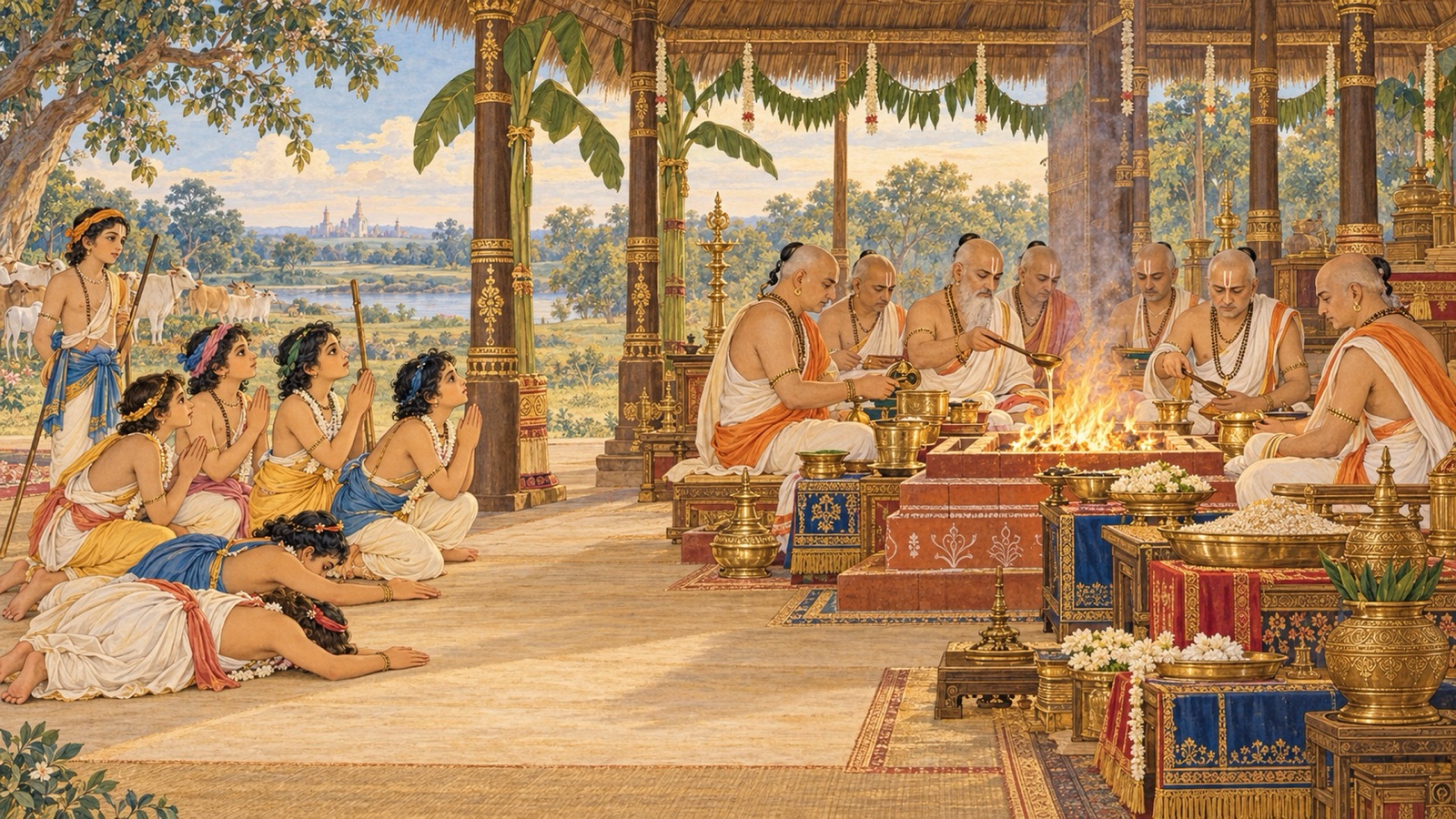 Cowherd boys prostrate with joined palms before brahmanas seated around a sacrificial fire who ignore their request