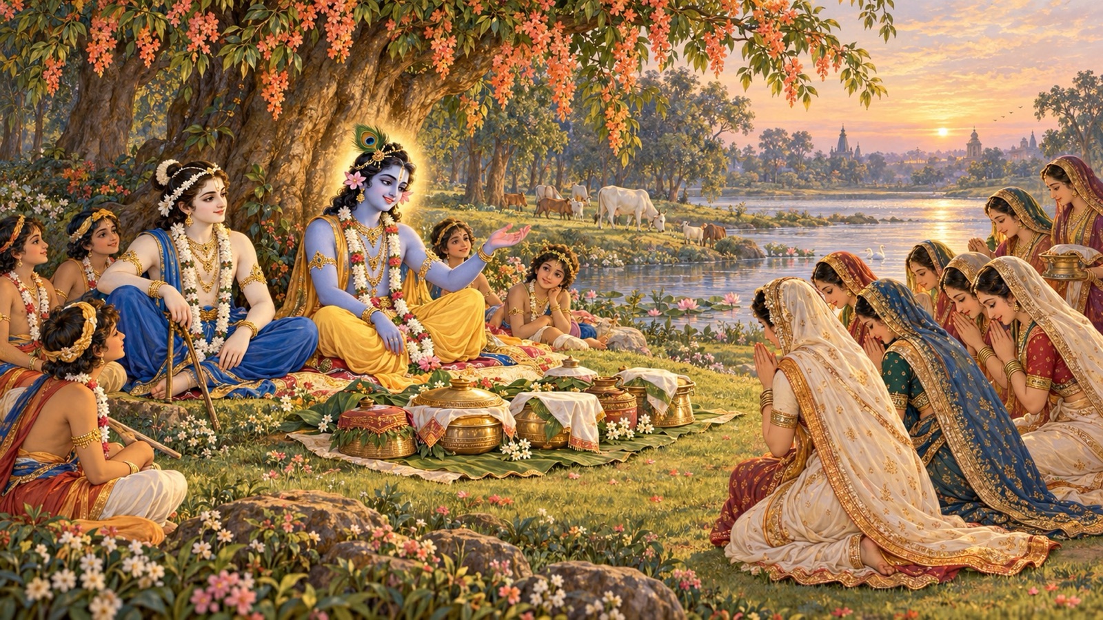 Krishna, with Balarama beside Him beneath an Asoka tree, welcoming the brahmanas' wives and accepting their offerings of food