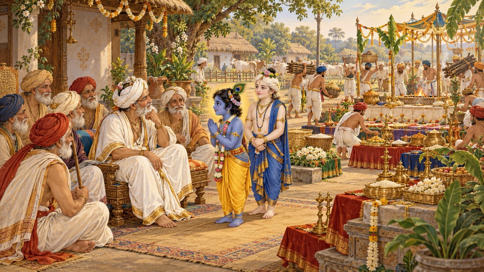 इन्द्र के लिए तैयार हो रहे यज्ञ के विषय में पूछने के लिए नन्द और व्रज के वृद्धजनों के सामने विनम्रता से झुके बालक कृष्ण