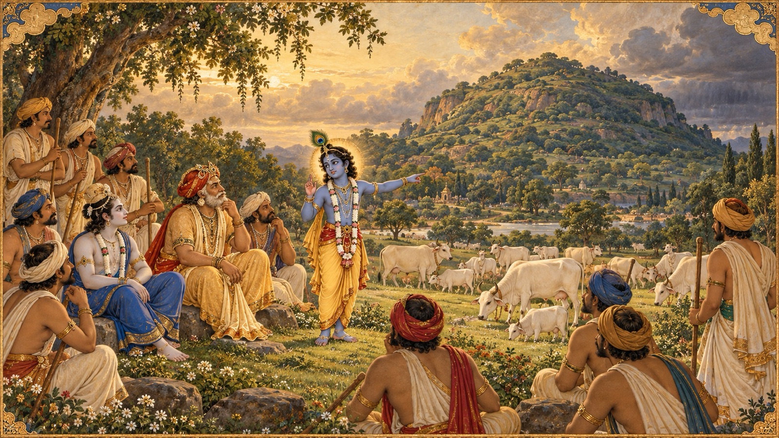 Krishna speaking to Nanda and the cowherd elders, gesturing toward the cows and Govardhana Hill behind them