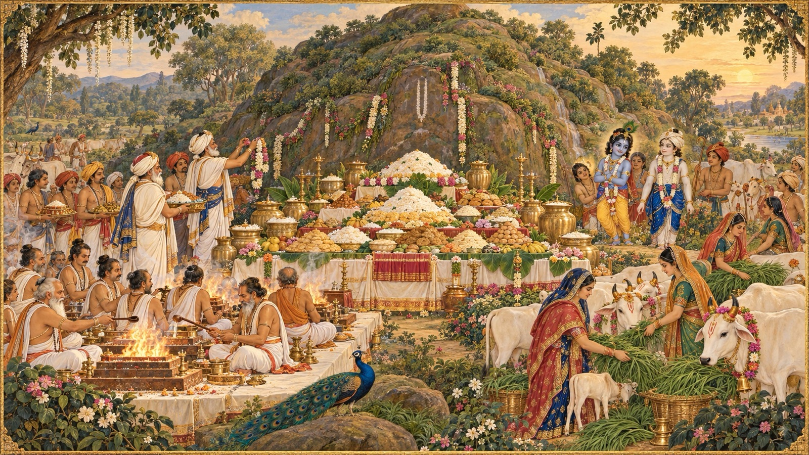 Brahmanas chanting at sacred fires while heaps of cooked food and pots of milk are offered to Govardhana and garlanded cows are fed grass