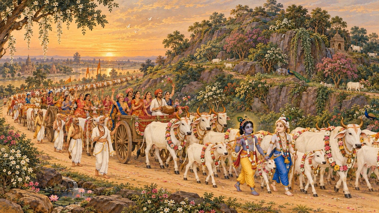 The people of Vraja circumambulating Govardhana Hill with their cattle in front, gopis singing from bullock carts and brahmanas giving blessings