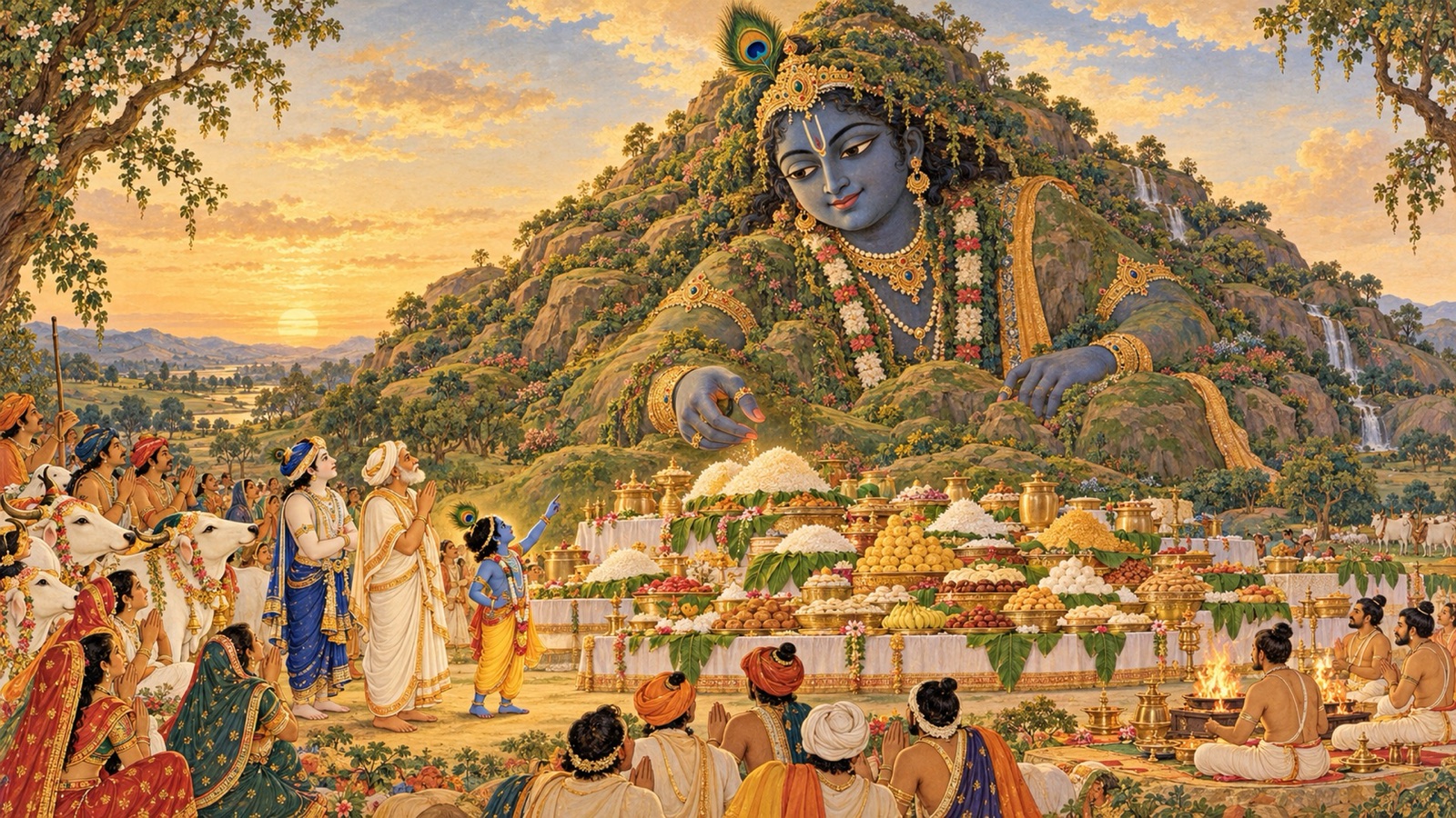 Krishna in a colossal form as Govardhana Hill accepting the heaped offerings of Vraja while the cowherds, Nanda and Krishna among them bow in wonder