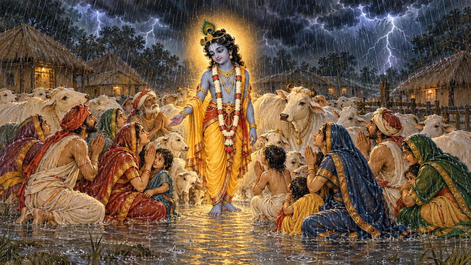 जलमग्न व्रज में ओलों से अपने बच्चों को ढँकते और कृष्ण के चरणों में झुकते गोप-परिवार