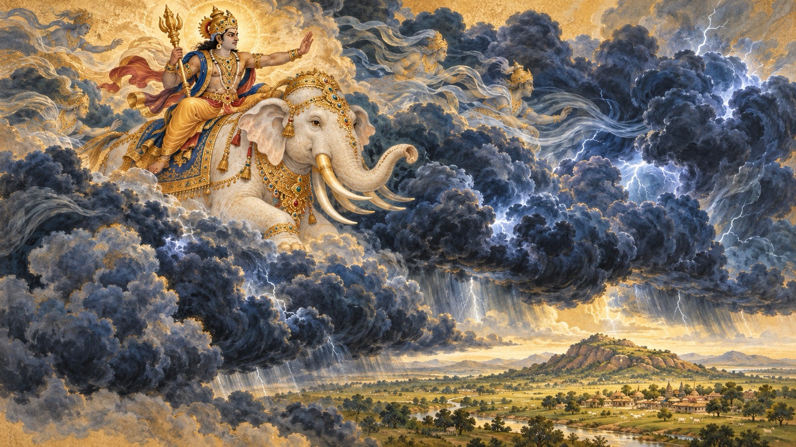 Indra seated on his elephant Airavata in the heavens, commanding the dark Samvartaka clouds toward Vraja