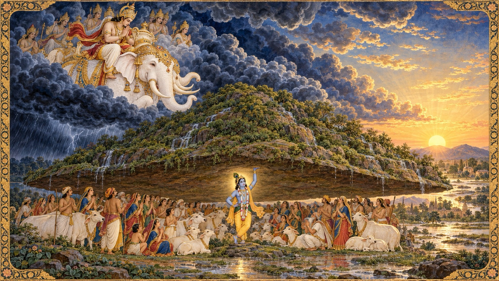 Indra on Airavata gazing down in wonder as Krishna holds up Govardhana and the storm clouds part before the rising sun