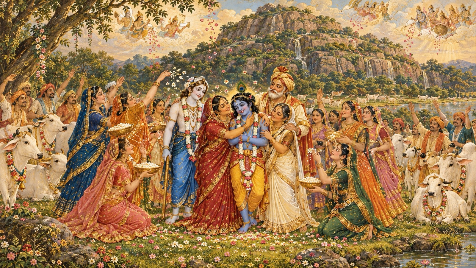 Yasoda, Nanda, Balarama and the gopis embracing and blessing Krishna beside Govardhana as the gods shower flowers