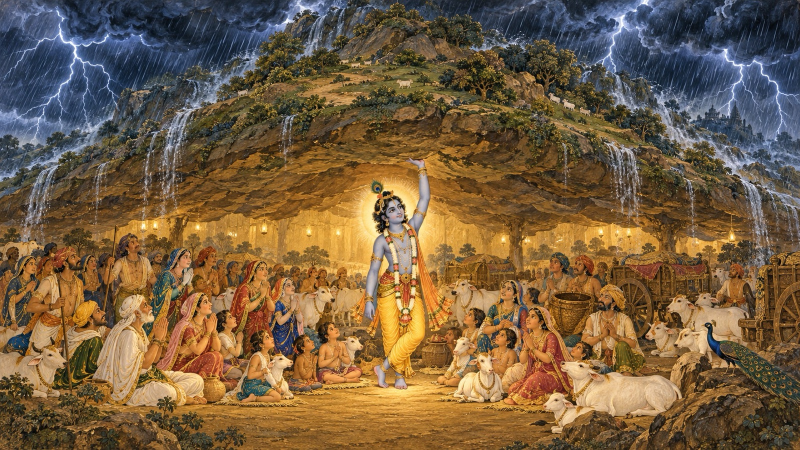 Krishna holding Mount Govardhana aloft on one hand while the people and cows of Vraja shelter beneath it from Indra's storm