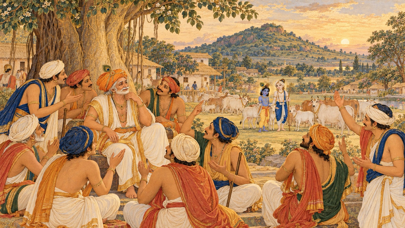 गोवर्धन की पृष्ठभूमि में नन्द को घेरकर विस्मय से कृष्ण के कर्म गिनाते व्रज के गोप