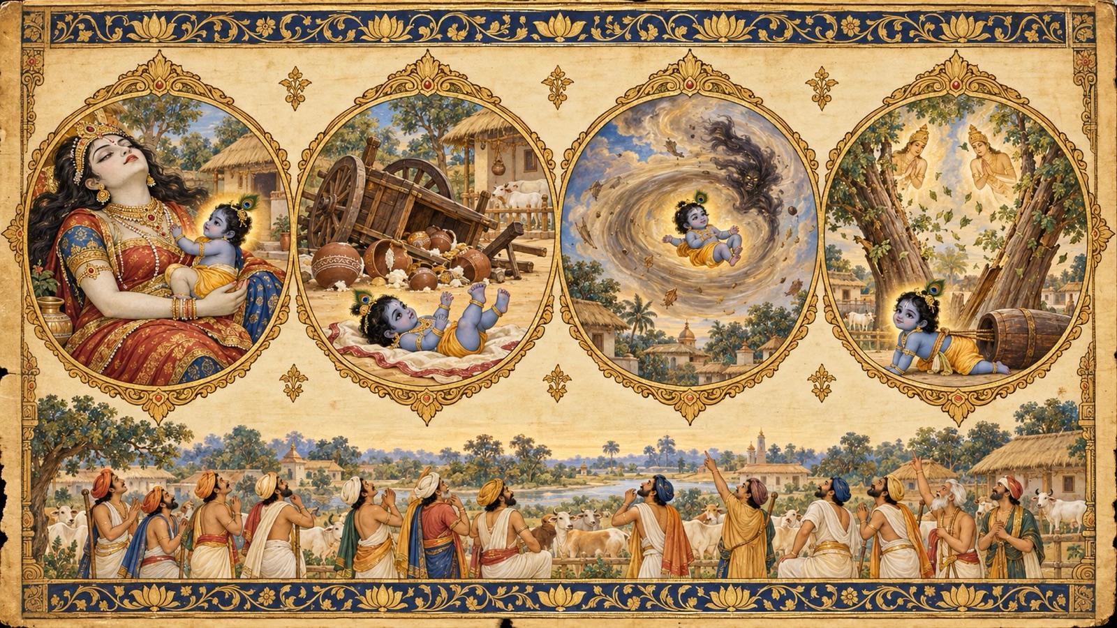 Remembered scenes of Krishna's infancy: Putana, the overturned cart, the whirlwind Trinavarta and the twin Arjuna trees, shown as golden medallions
