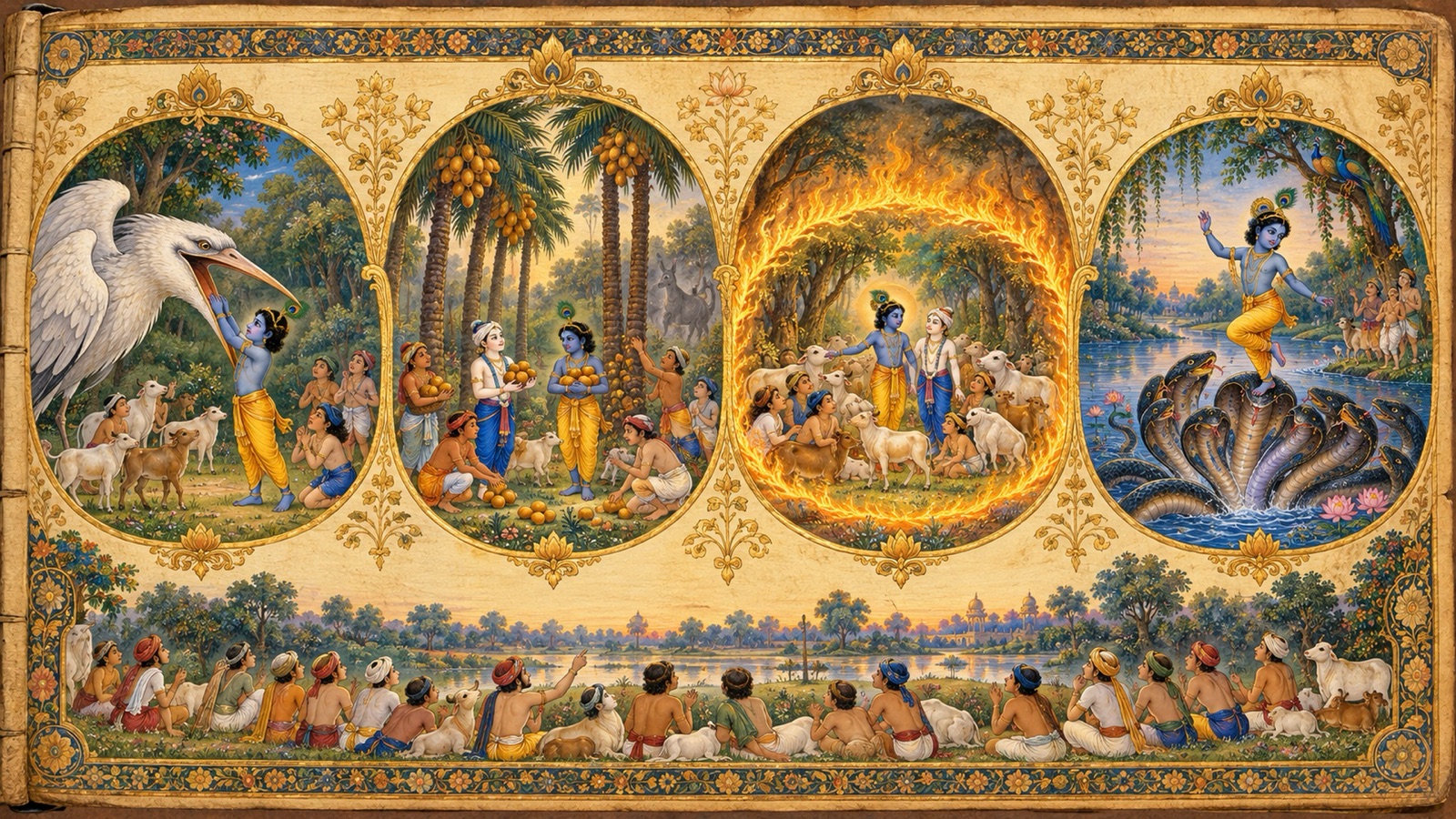 Remembered scenes of Krishna's forest pastimes: the heron Baka, the palm grove of Dhenuka, the forest fire and the serpent Kaliya, shown as golden medallions
