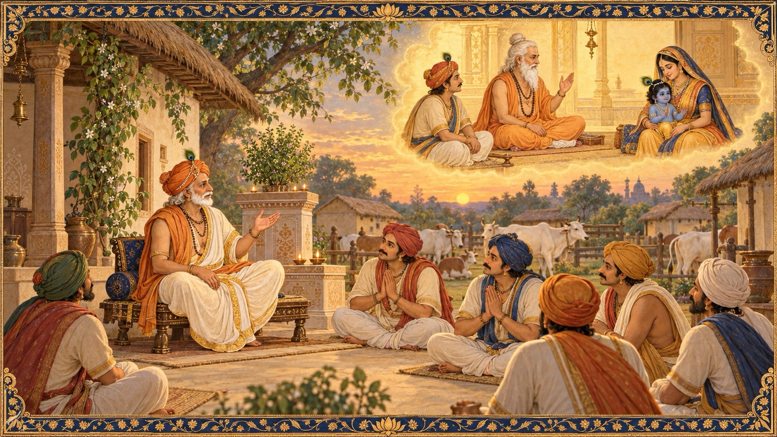 Nanda Maharaja speaking to the seated cowherds while the sage Garga blessing the infant Krishna appears as a remembered vision above