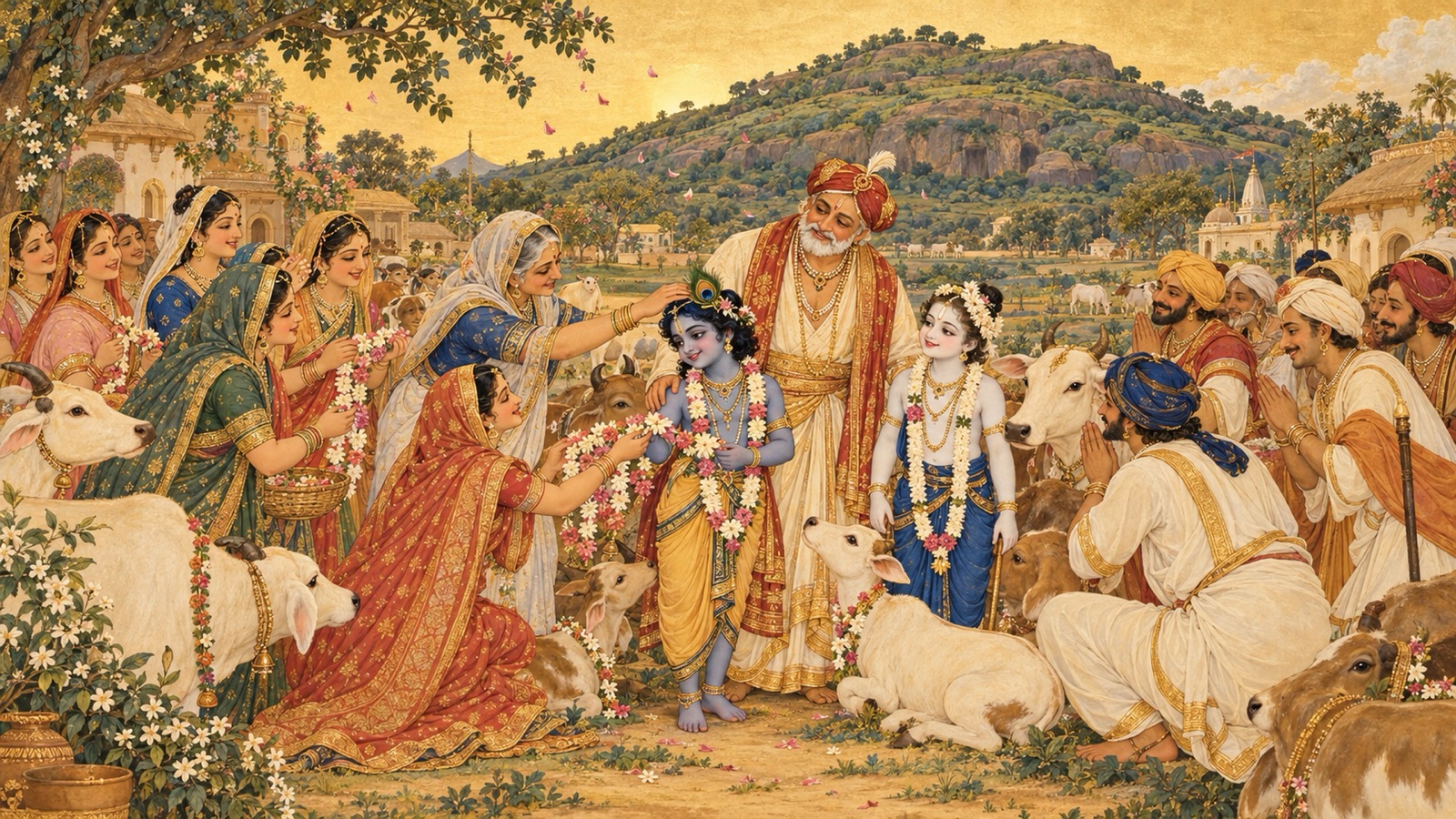 The people of Vraja joyfully honouring Nanda and embracing the boy Krishna beneath Govardhana, their astonishment gone