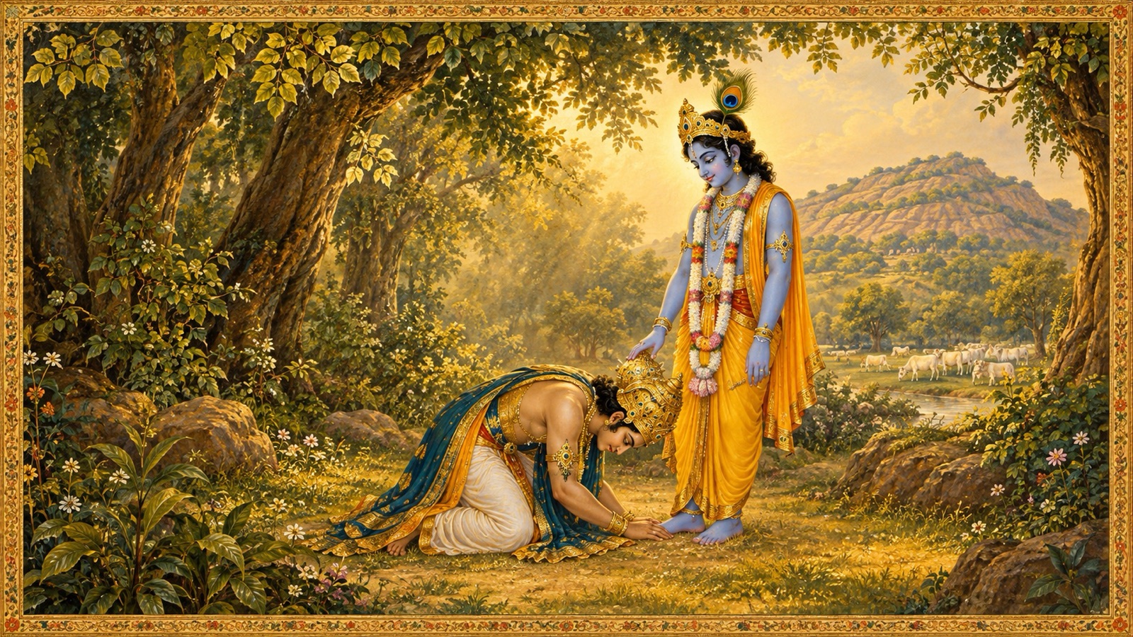 एकान्त में झुककर अपने सूर्य-सदृश किरीट से कृष्ण के चरण स्पर्श करते इन्द्र