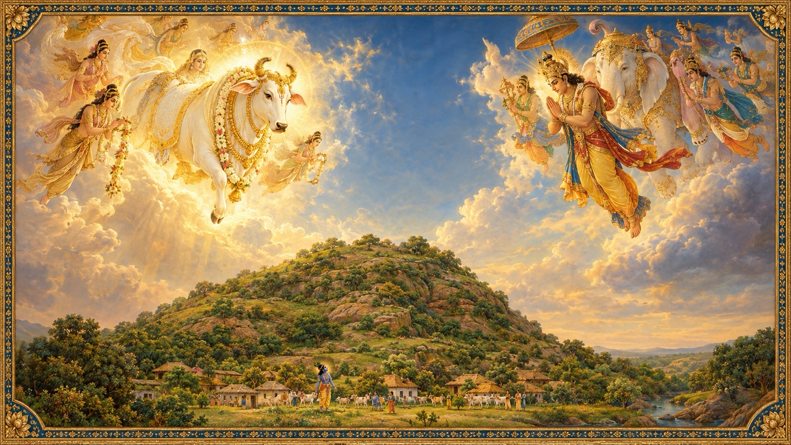 Indra descending from his heaven and Surabhi coming from Goloka toward Mount Govardhana to seek Krishna