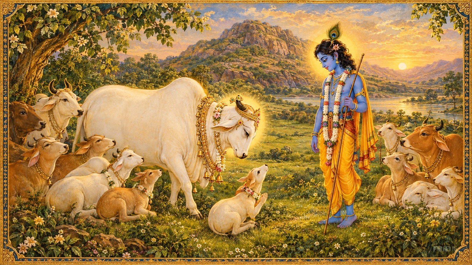 Mother Surabhi with her calves offering prayers to Krishna standing in the dress of a cowherd boy
