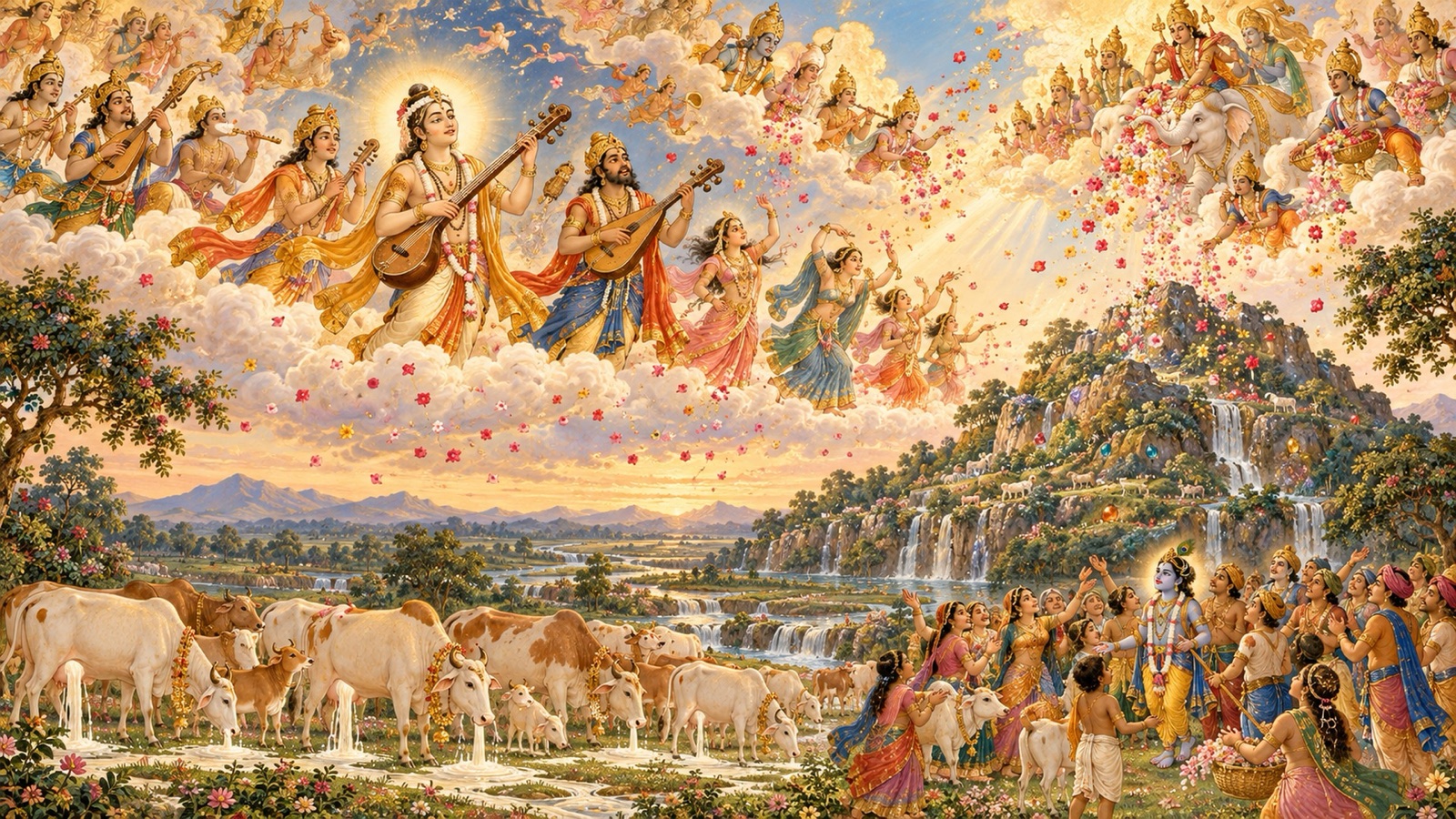 Gandharvas singing and apsaras dancing as flowers rain down on the newly consecrated Govinda