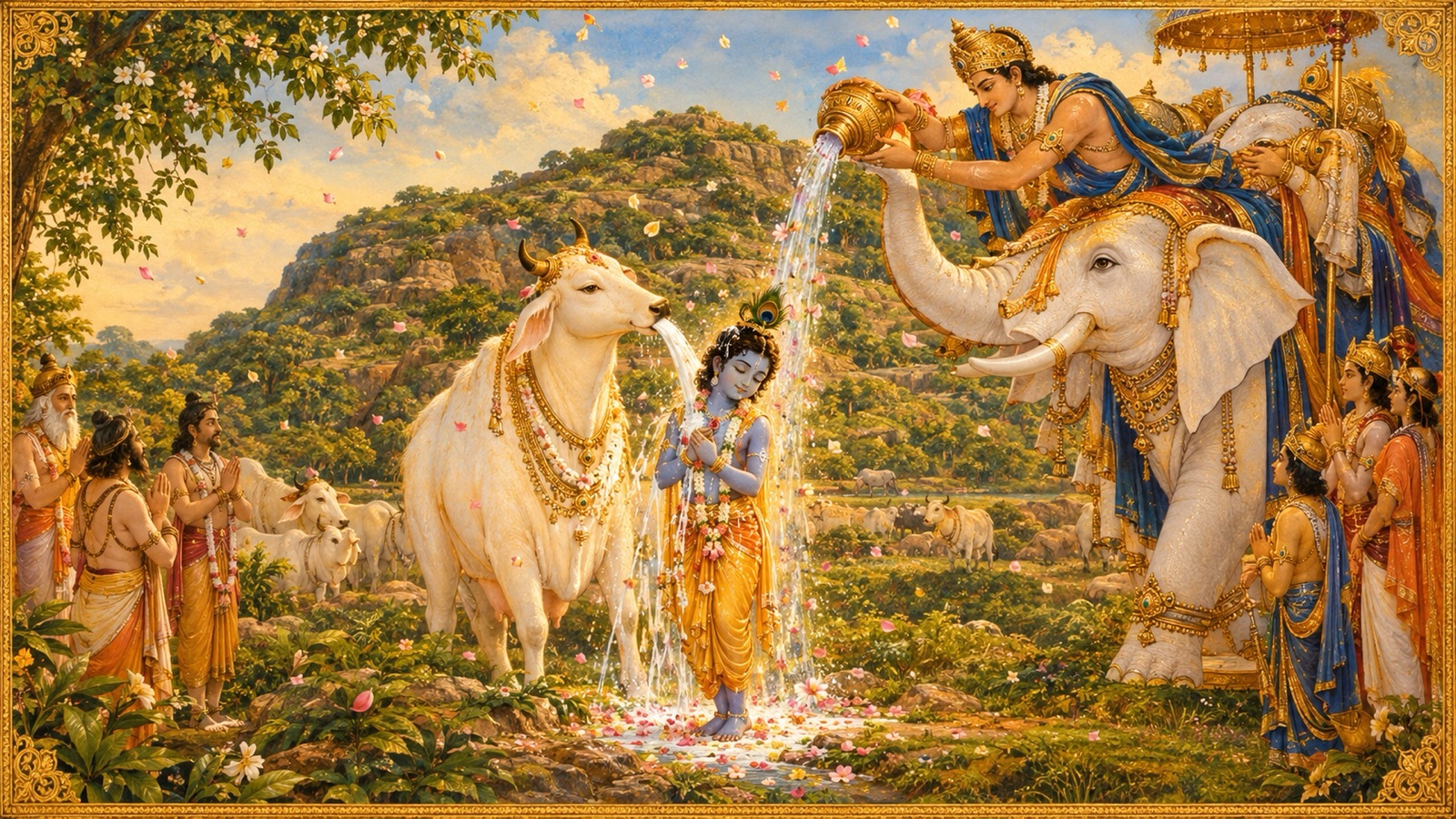 Surabhi bathing Krishna with her milk while Indra pours heavenly Ganga water lifted by Airavata's trunk
