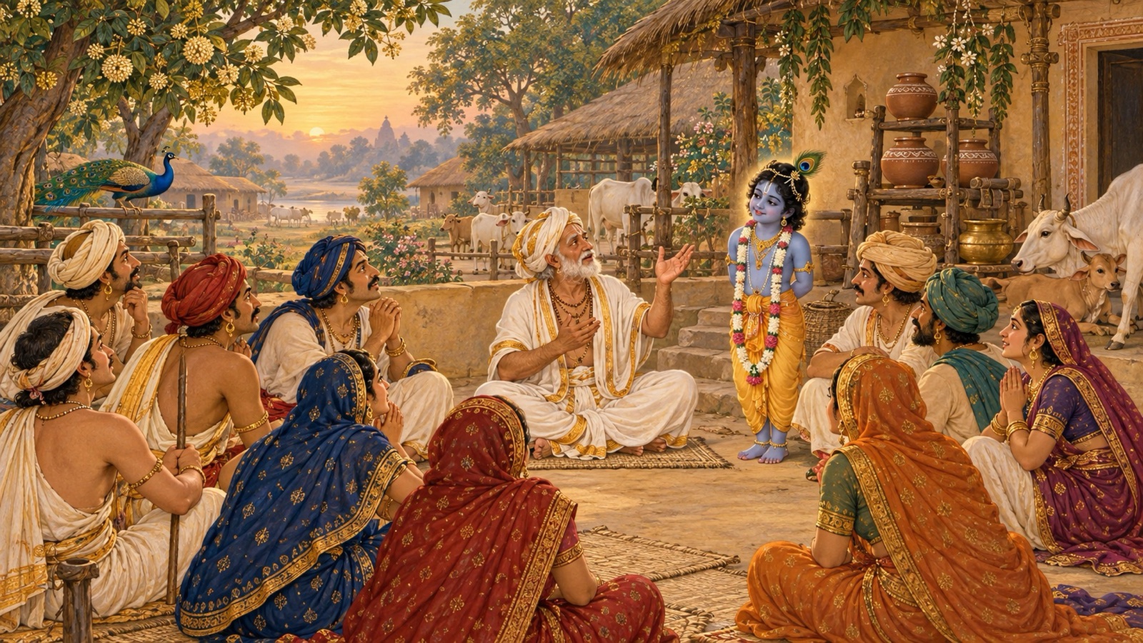 व्रज के गोपों के बीच बैठकर वरुणलोक का वैभव सुनाते नन्द बाबा