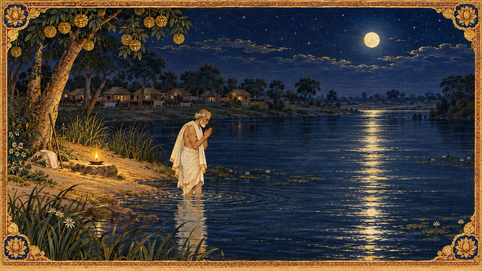 Nanda Maharaja stepping into the dark water of the Kalindi before dawn to complete his Ekadashi vow