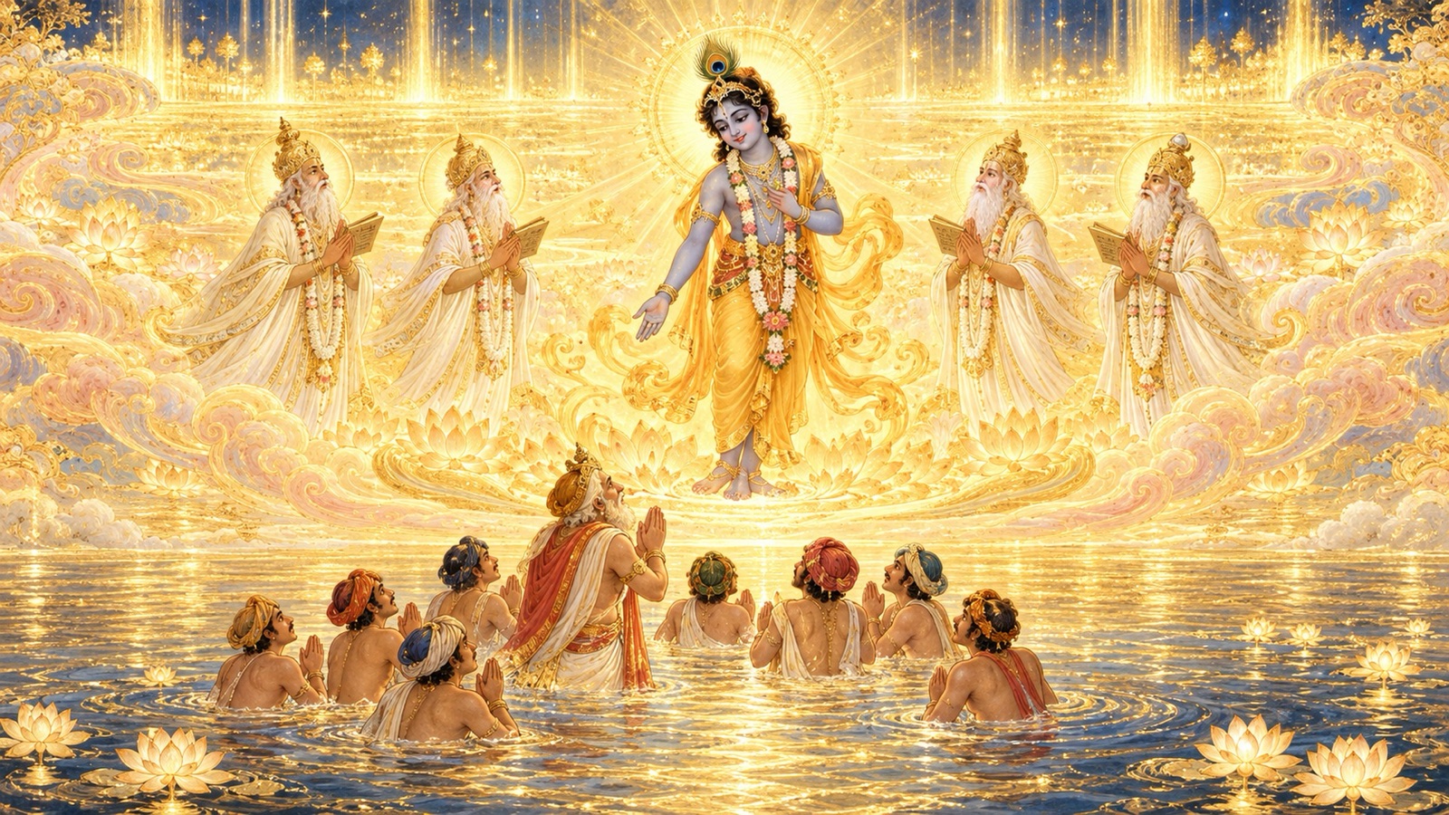 The cowherds of Vraja beholding the eternal realm of golden light with Krishna praised there by the personified Vedas
