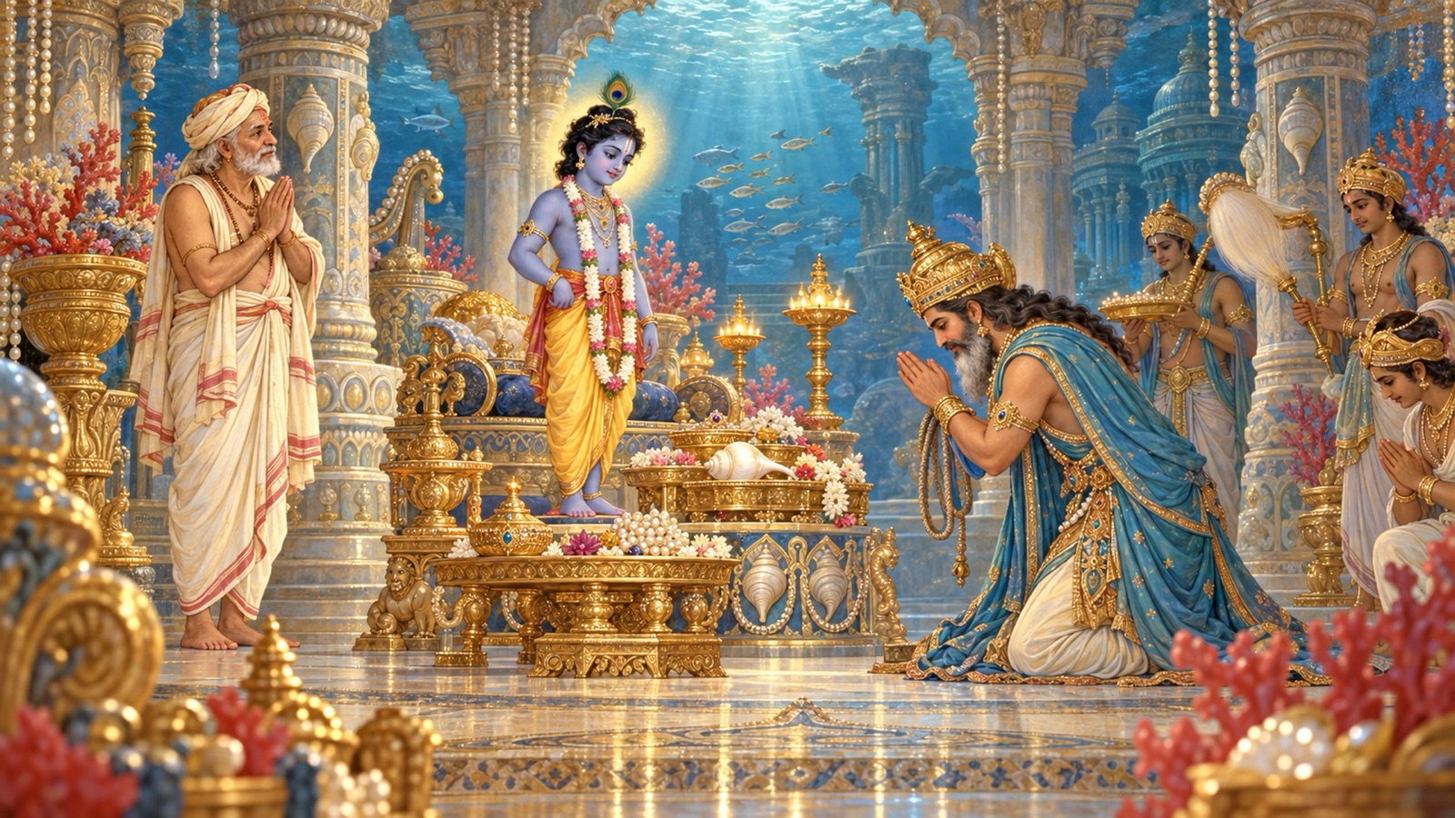 Varuna worshipping Krishna with lavish offerings in his luminous underwater realm as Nanda stands beside them