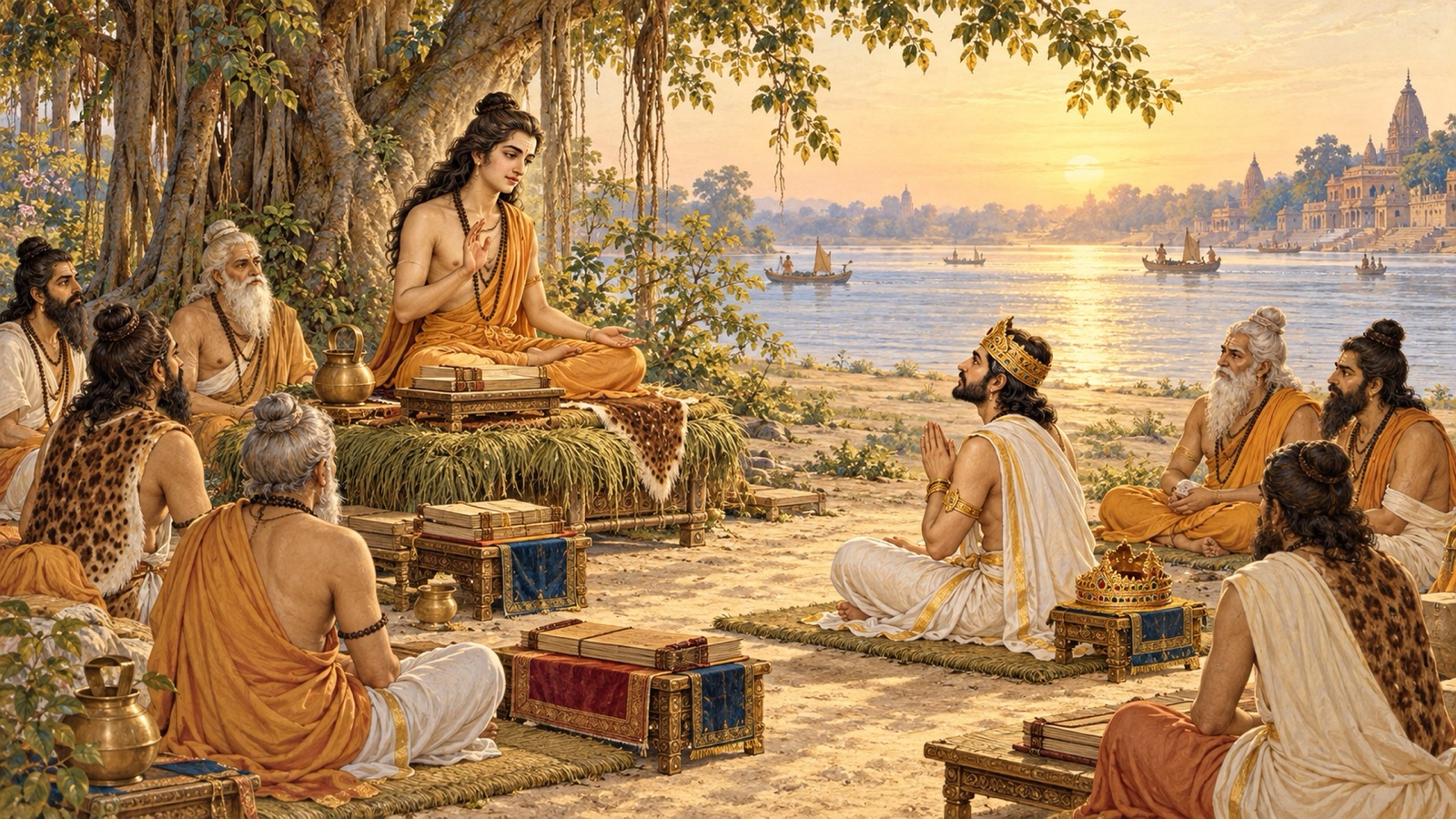 गंगा-तट पर ऋषियों की सभा में राजा परीक्षित के प्रश्न का उत्तर देते श्री शुकदेव गोस्वामी