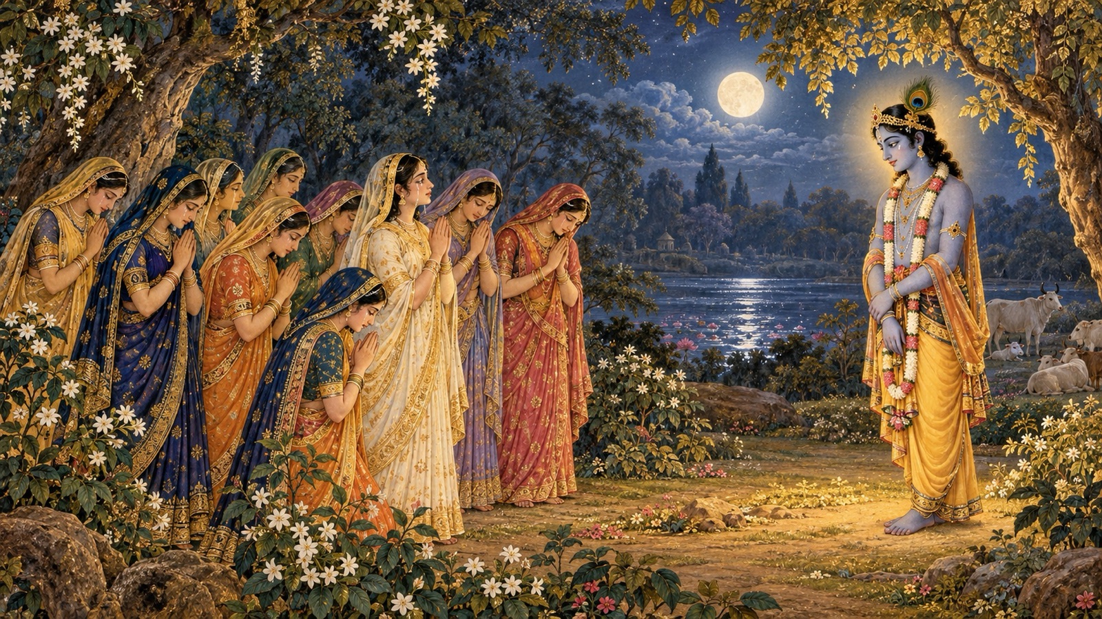 हाथ जोड़े, मुख झुकाए खड़ी व्रज की गोपियाँ, कृष्ण से उन्हें न ठुकराने की प्रार्थना करती हुईं