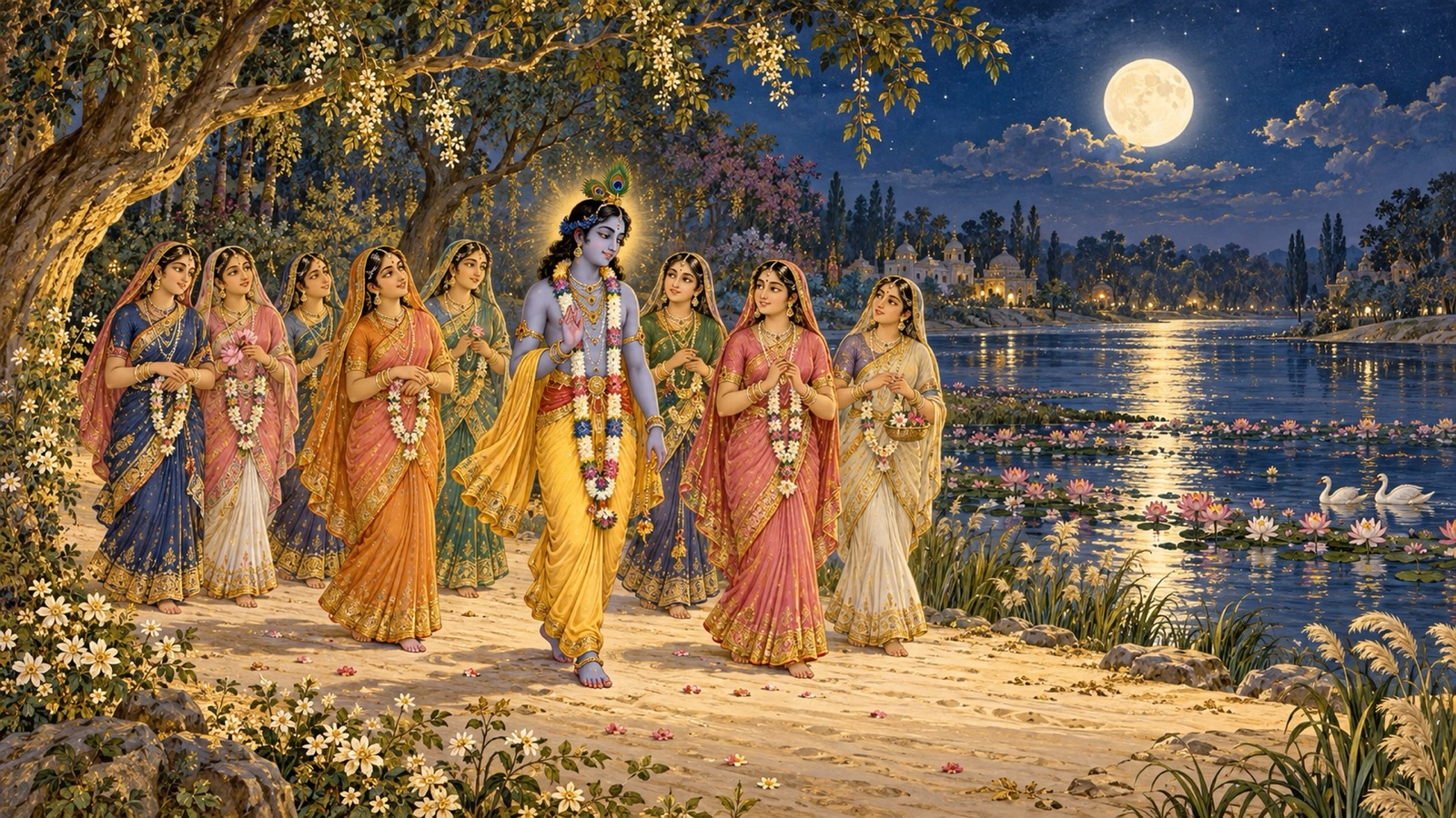 शरद् की चाँदनी में यमुना की शीतल बालू पर व्रज की स्त्रियों के साथ विचरते श्रीकृष्ण
