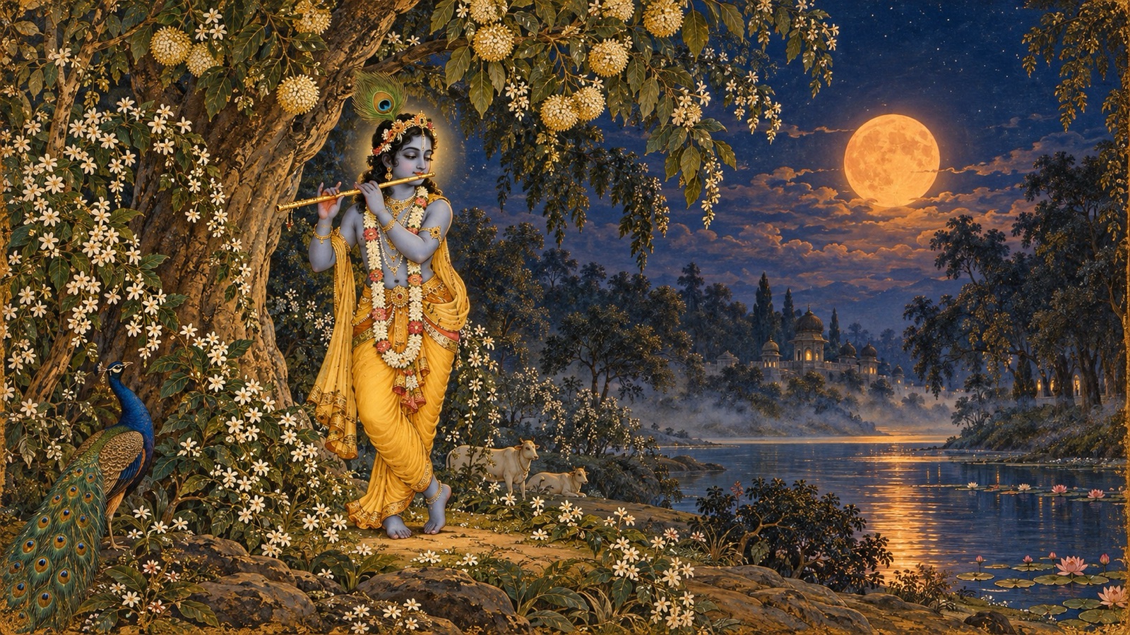 शरद् की पूर्णिमा की रात वृन्दावन के चाँदनी-भरे वन में वंशी बजाते श्रीकृष्ण
